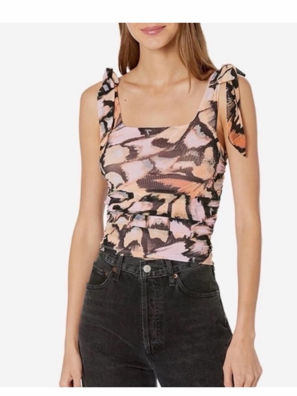 Free People Pink, Tan & Black Abstract Tie-Shoulder Camisole